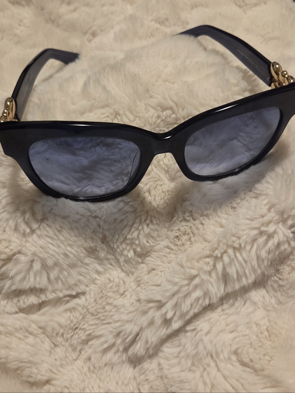 Jimmy Choo Blue Cat-Eye Sunglasses with Gold Bling Temple Accents And Case